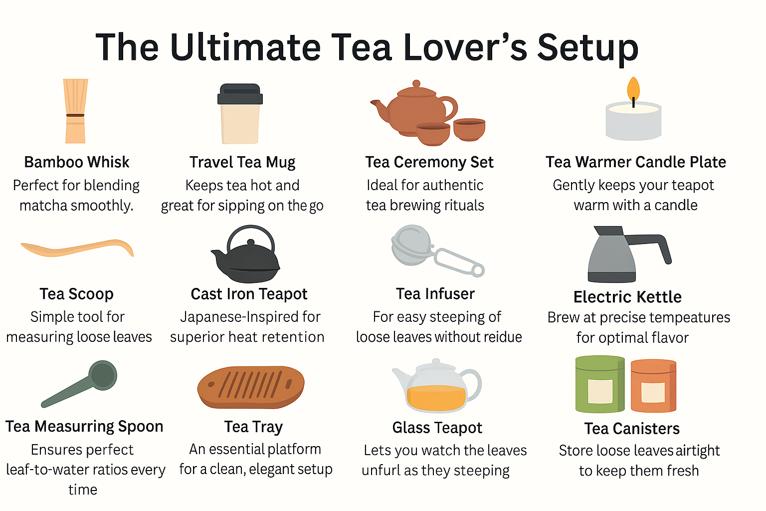 Discover the best tea accessories for every tea lover including bamboo whisks cast iron teapots and travel mugs to elevate your tea ritual.